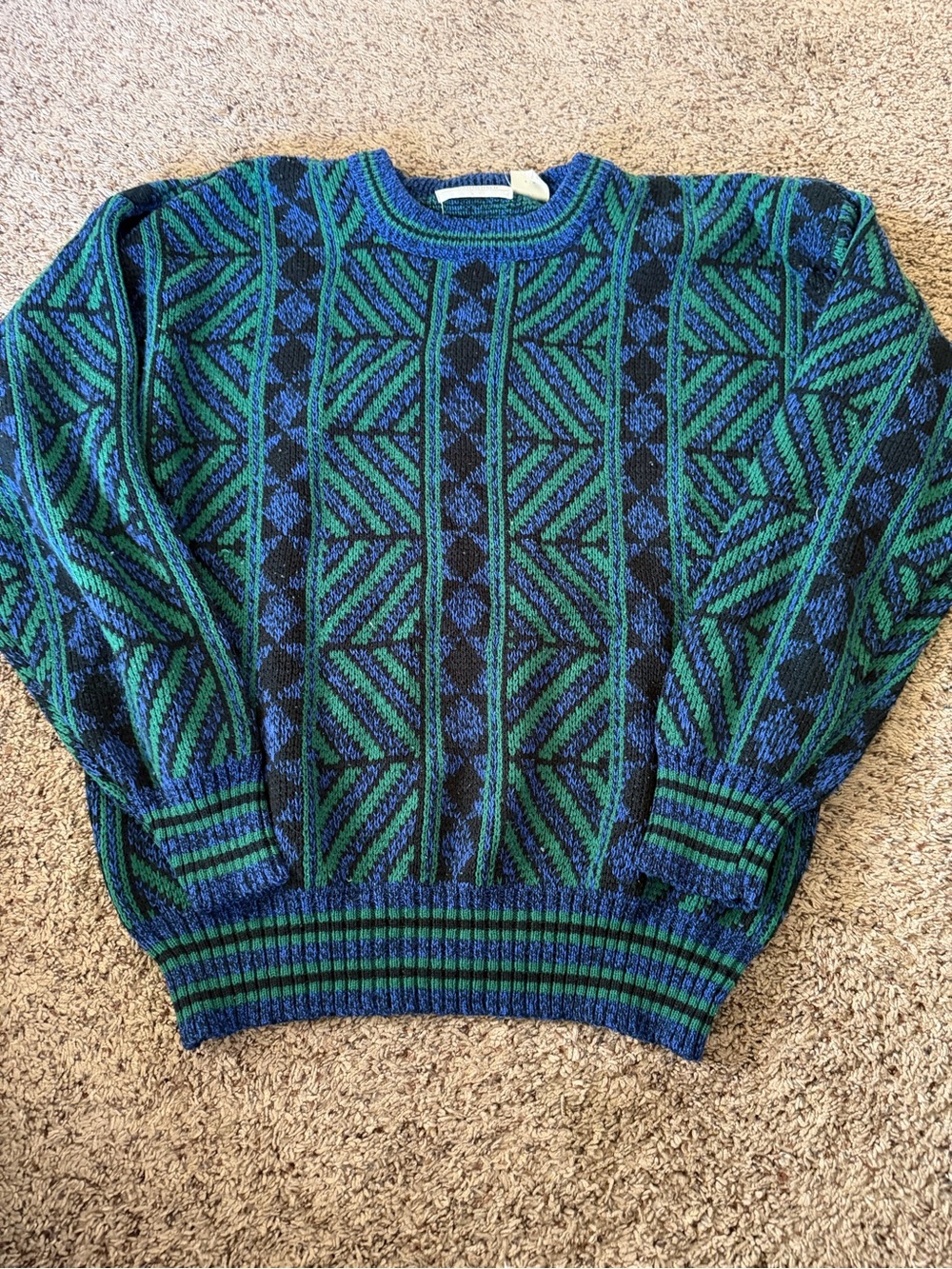 Van Heusen Green and Blue Geometric Knit Crewneck Sweater